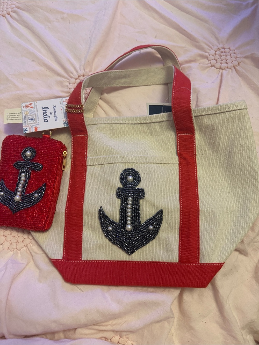 Beaded Anchor Canvas Tote with Red Trim